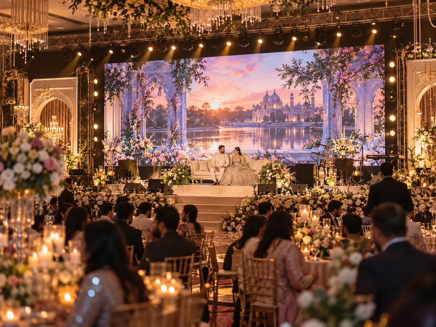 Elegant South Asian wedding reception with a rental LED stage backdrop